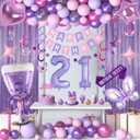 21st Purple Birthday Decorations, Pink Purple 21st Birthday Decorations for Women Girls Lavender Party Decor Set with Number Balloons, Foil Balloons, Sash and Cake Topper