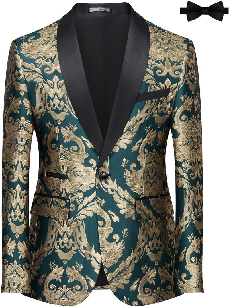 Tuxedo Suits for Men 2 Piece Regular Fit Suit Floral Blazer Jacket Waistcoat Pants Men Suit Set for Wedding Prom (Large)
