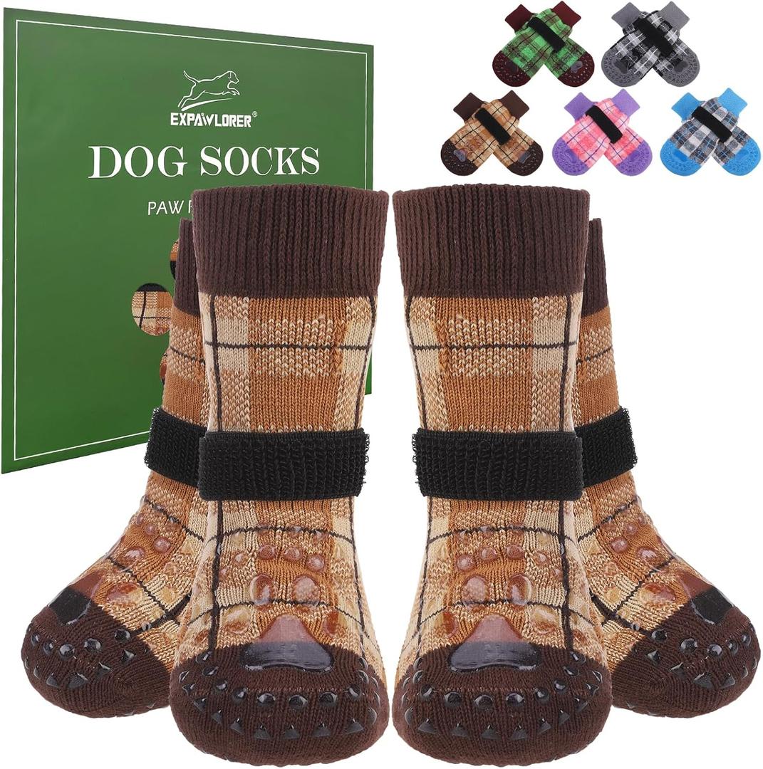 EXPAWLORER Dog Socks to Prevent Licking Paws, 4 Pcs Double Sided Anti Slip Dog Socks with Grippers, Dog Shoes Grips for Hardwood Floors, Dog Booties for Small Medium Large Senior Dogs, Khaki M