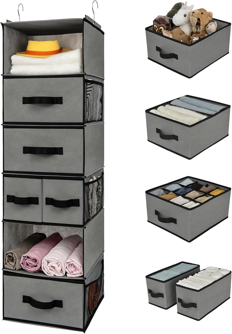 GRANNY SAYS Hanging Closet Organizer 6 Shelves, Closet Organizers and Storage with 5 Drawers, 6 Side Pockets Closet Hanging Organizer, Hanging Storage Organizer for Closet, Baby Clothes, Gray (Inseparable)