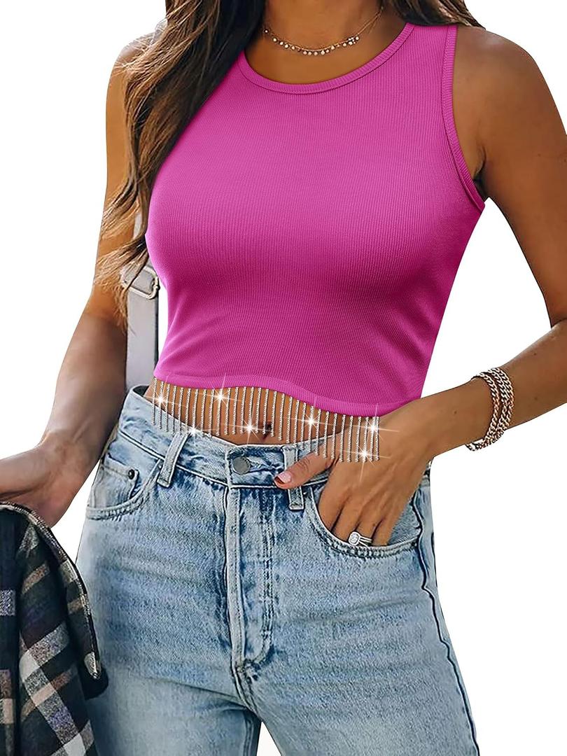 Womens Western Sparkly Fringe Sleeveless Crop Tops Cowgirl Going Out Cropped Tank Tops with Glitter Tassel (Pink, M)