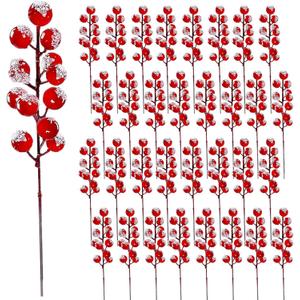 32 Pack Christmas Tree Decoration, 8 Inch Artificial Snowy Red Frosted Berry Stems Christmas Picks Filler for Tree, Holly Berries Christmas Tree Ornaments Xmas Holiday Decor