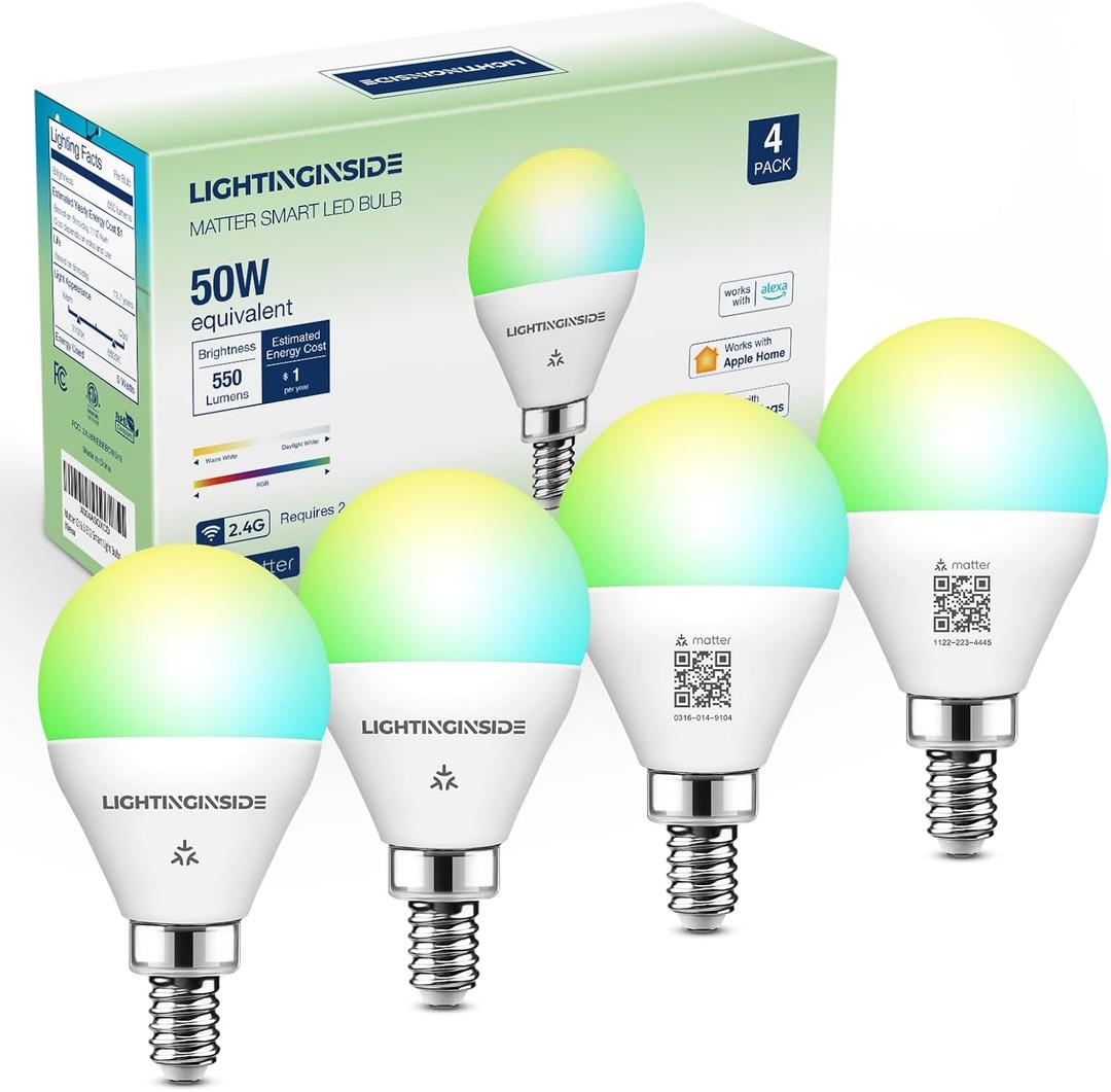 Lightinginside Matter E12 Smart Light Bulbs 50W Equivalent, Compatible with Alexa/Siri/Apple Home/Google Home/SmartThings, RGBCW G16.5 LED Candelabra Bulbs, 2.4G WiFi, ETL Listed, Hub Required, 4PCS