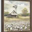 old barn Farmhouse Wooden Framed Wall Art: Rustic Picture Farm Windmill Painting Country Flower Field Meadow Prints Rural Scene Artwork for Bedroom Bathroom Living Room