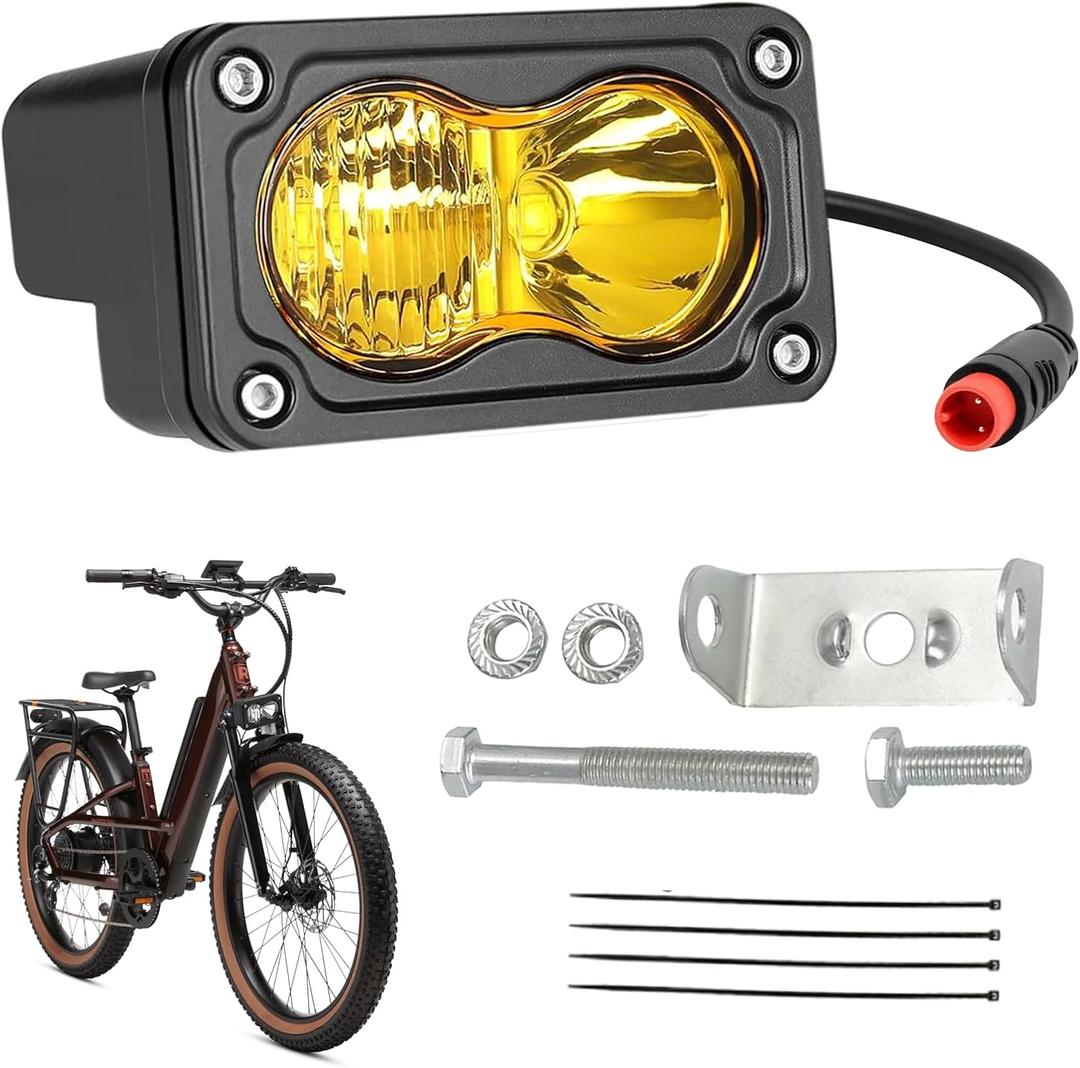 Ebike Headlight for Rad Power, 2 Pin Headlight for E-Bikes Compatible with RadMini RadRover RadExpand RadRunner Vamoose Mammoth Clear White, 20W 6000-6500K Waterproof Ebike LED Light (Yellow)