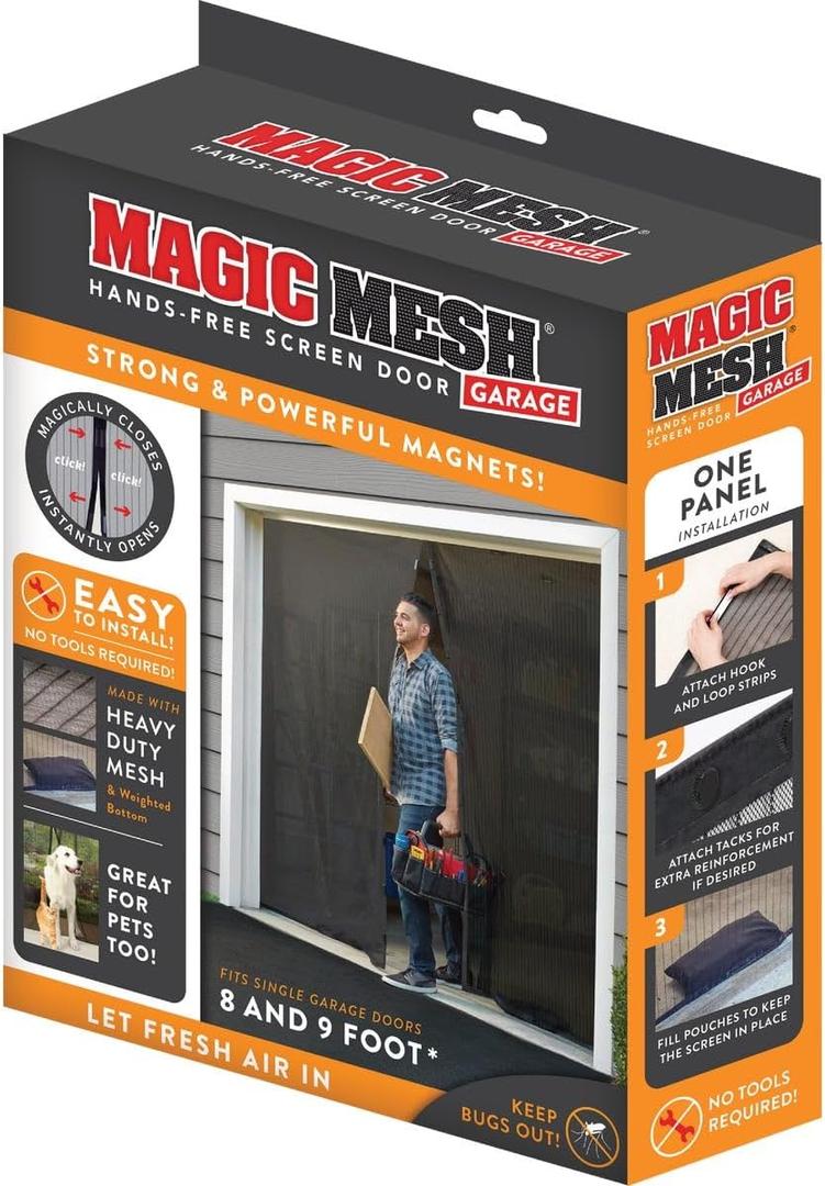 Magic Mesh Garage Door Screen, Black | Magnetic Closure, Breezy Net, Mosquito & Bug Screen for Standard 2 Door Garage, Kid & Pet Friendly | Size 109" x 84.5"