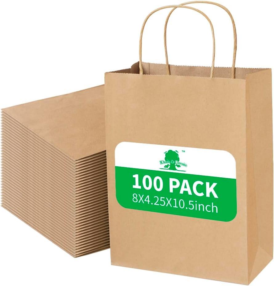 Klean & Conwenice Paper Gift Bags with Handles, 8x4.25x10.5 100Pcs Brown Bags Bulk, Medium Size Kraft Paper Bags, Wedding Gift Bag, Goody Party Favor, Retail Merchandise, Grocery Shopping