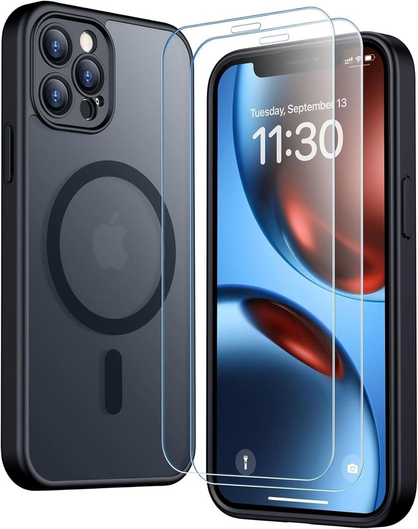 SPIDERCASE for iPhone 12 Pro Max Case, Magnetic Translucent Matte Case with 2PCS Tempered Glass Screen Protector Slim Phone Case for iPhone 12 Pro Max 6.7'', Black