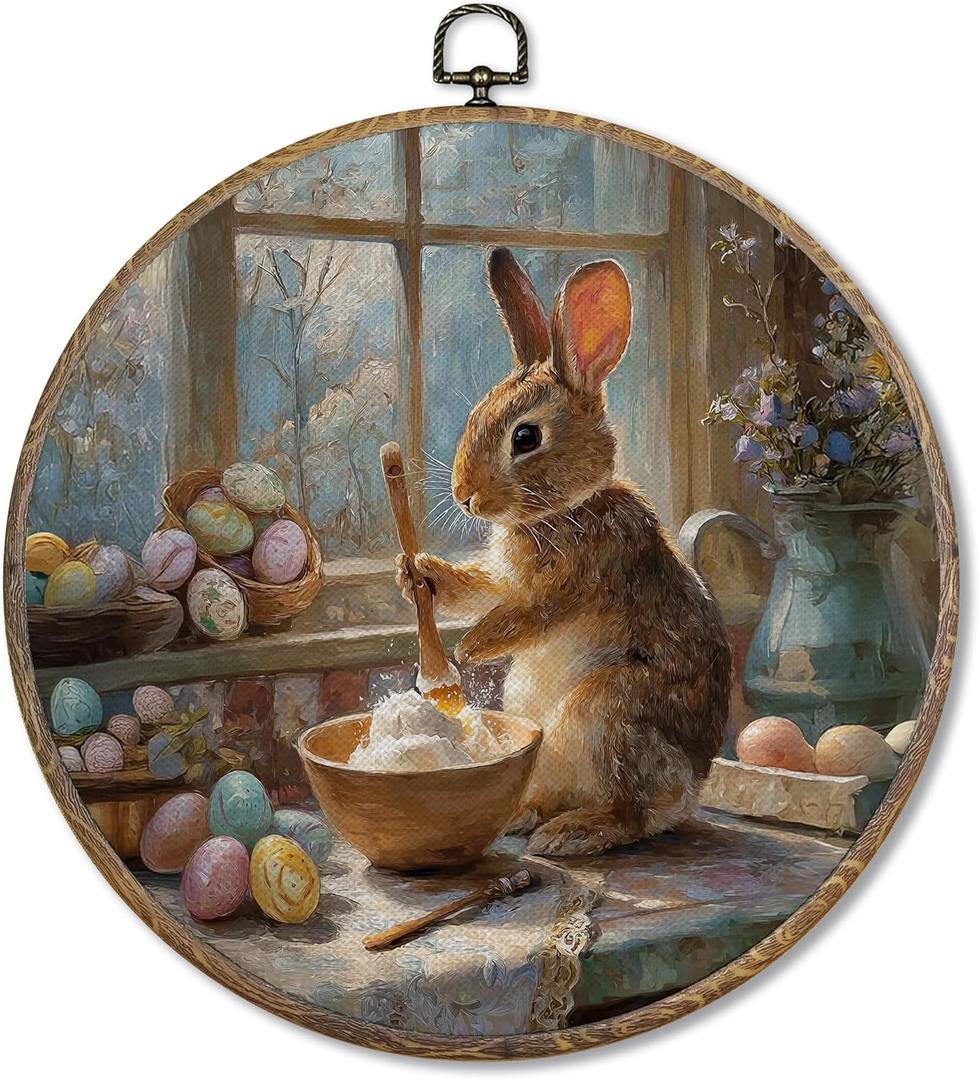 FUGWN Vintage Easter Bunny Egg Kitchen Round Wall Art Decor Framed, Rustic Farmhouse Bunny Canvas Artwork Prints, Easter Rabbit Wall Hanging Decorations for Kitchen Dining Room Home, 10x10 Inch