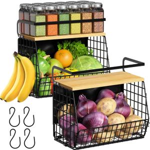 Magnetic Shelf for Fridge with Wood Lid, Fruit Potato and Onion Storage Bins, Pantry Organizers & Storage, Large Container Magnetic Spice Rack for Refrigerator, Kitchen Counter (Black, 2)