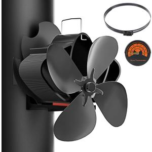 Easywave Wood Stove Fan, Magnetic Pipe Fireplace Fan, Heat Powered Fireplace Fan Non Electric, Thermal Fan for Wood/Log Burning Stove Gas Burner, Silent Motor, W/Stove Accessories Thermometer (Black)