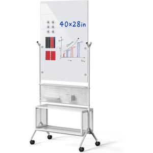 40 x 28 inch Mobile Magnetic Glass Whiteboard, Double-Sided Board with Felt Back and Storage for Office & Classroom, White