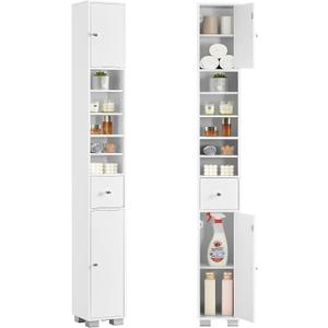 Bathroom Cabinet, Narrow Bathroom Storage Cabinet with 5 Adjustable Shelves & Drawer, Freestanding Cupboard for Small Spaces, White, 8"D x 8"W x 71"H
