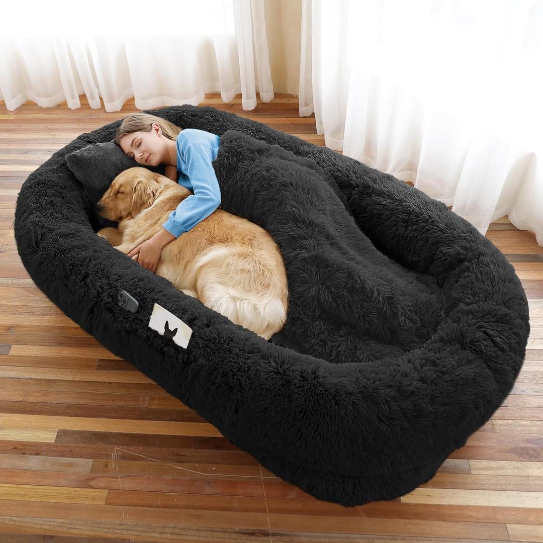 Human Dog Bed, 71''x45''x12'' Size Fits You and Pets, Washable Faux Fur Pet Bed for People Doze Off, Napping Orthopedic Dog Bed, Present Plump Pillow, Blanket, Strap - Black
