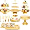 11 Pcs Gold Cake Stand Set for Wedding, Dessert Table Display Set for Birthday, Metal Square Serving Trays for Candy, Cupcake Pop Stand Holder Tower with Round Base for Celebration, The Platters for Party