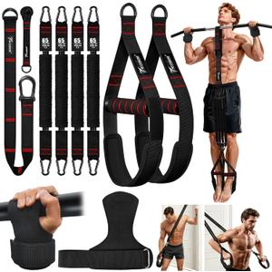 Upgraded Pull Up Assistance Bands, Heavy Duty Resistance Bands with Handles, Exercise Band with Door Anchor, Adjustable Workout Band Set for Pull Up Bar, Full Body Strength&Muscle Training, Home Gym (Black and Red)
