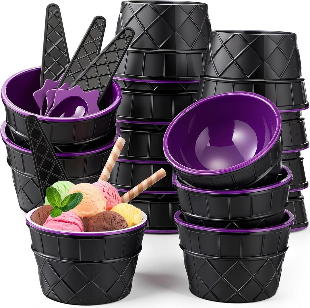 Meanplan 24 Set Halloween Ice Cream Bowls and Spoons 6 oz Witch Plastic Reusable Ice Cream Bowls Black Purple Waffle Cone Shaped Cups for Dessert Sundae Frozen Yogurt Trick or Treat Party Supplies