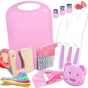 20PCS Kids Knife Set for Real Cooking, Child-Friendly Plastic Toddler Kitchen Tools, Montessori Kids Cooking Sets with Cutting Board Crinkle Cutters, Gifts Toys for 3 4 5 6 7 8 9 10 Year Old