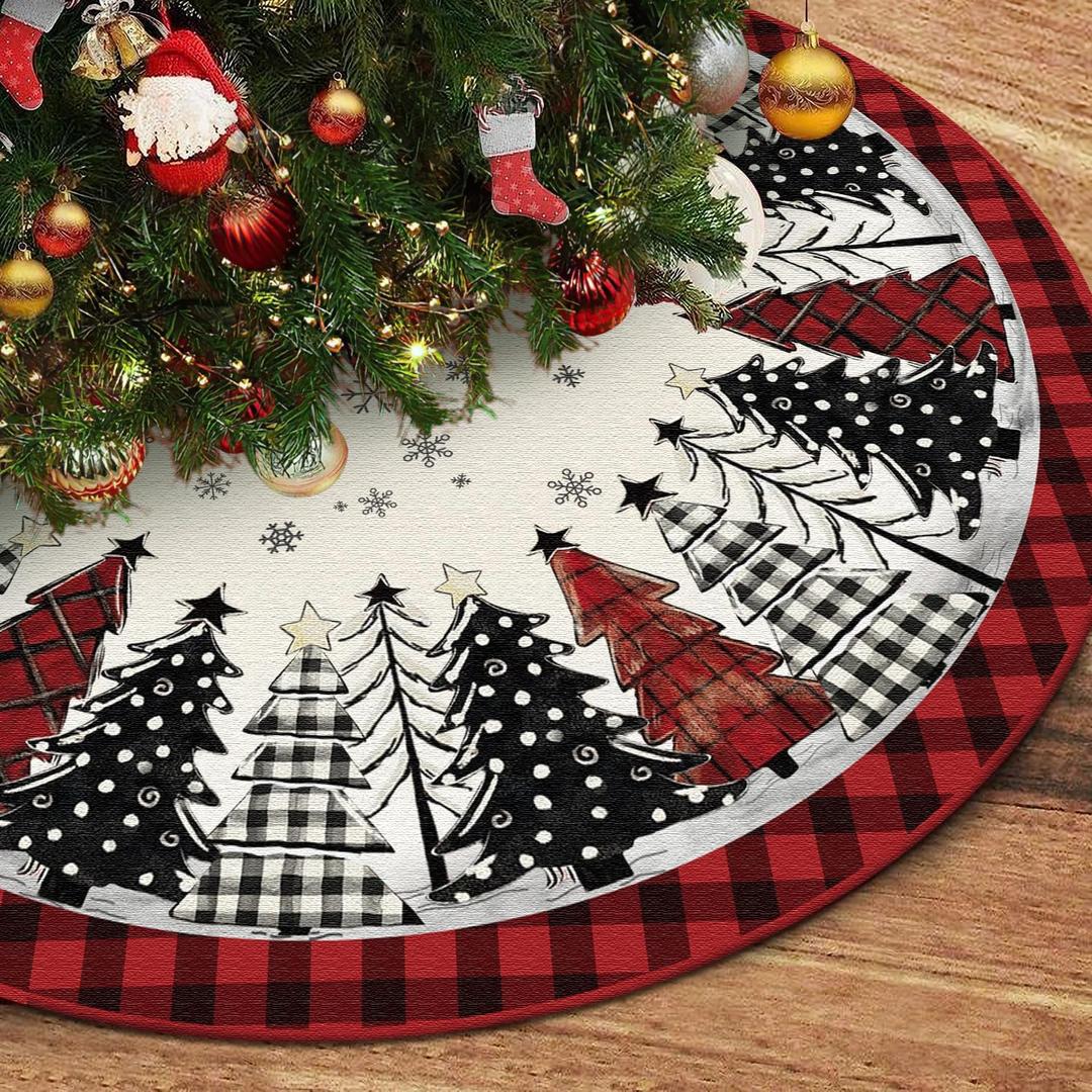 DISENB Christmas Tree Skirt 48 Inch, Red and Black Buffalo Plaid Xmas Tree Skirt, Winter Christmas Tree Mat for Home Party Holiday Indoor Outdoor Decorations