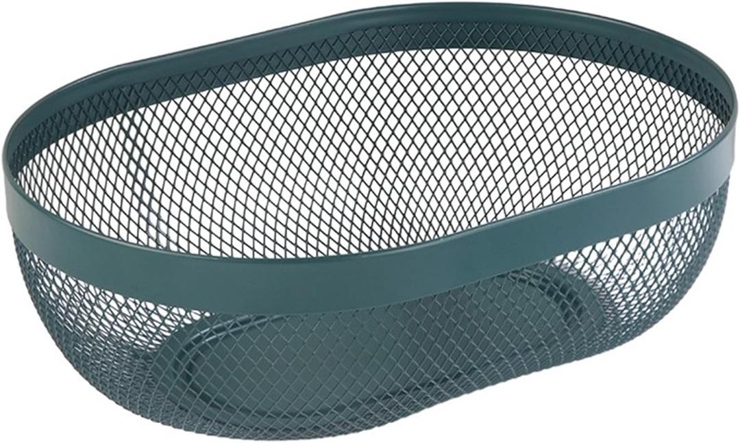 Metal Mesh Steel Basket, Oval Metal Wire Storage Organizer Baskets Multi Functional Kitchen Baskets Countertop Fruit Baskets Garden Harvest Basket for Picnic Decor Cabinet Home, Blackish Green