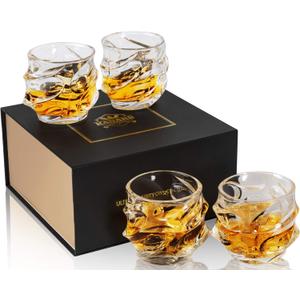 KANARS Old Fashioned Whiskey Glasses 11 Oz - Emperor Rocks Glasses Set of 4 for Bourbon Cocktail Scotch Snifter Malt Cognac - Heavy Crystal Bar Glassware - Unique Men Gift