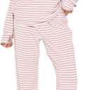 Ythomm Striped Pajamas Womens 2 Piece Sets Long Sleeve Tee Shirts Drawstring Wide Leg Pants Matching Sets Fall Lounge Outfits (Large, Pink-no Drawstring)