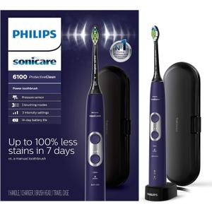 Philips Sonicare ProtectiveClean 6100 Rechargeable Electric Toothbrush, with Pressure Sensor, 3 Cleaning Modes, SmarTimer and QuadPacer, 14Day Battery Life, Travel Case, Deep Purple, Model HX6471/03