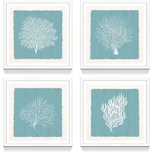 Ocean Sealife Coral Wall Art: Framed Sea Life Picture Print Watercolor Seaweed Artwork Home Office Wall Decor for Bedroom Living Room Bathroom 16x16x4pcs