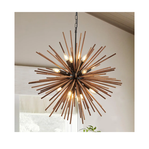 31.3" Farmhouse Sputnik Chandelier for Dining Room Rustic Handmade Natural Wood 16-Light Hanging Ceiling Pendant Light Fixture Starburst Wood Chandeliers for Kitchen Bedroom Foyer Hallway