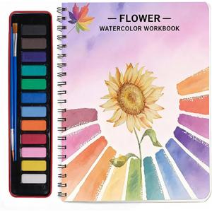 3 x Watercolor Workbooks, Beginner Watercolor Painting Kit – 12 Colors Paint Set with Brush – Perfect for Gifting to Spark Creativity & Joy for Teens & Adults（Flower）