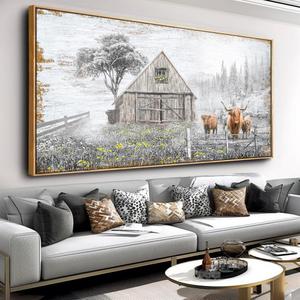 vgrozirh Wall Art Highland Cow Yellow flower Brown Cow Nature Rustic Ranch Canvas Prints Wall Art Farmhouse Wooden Artwork for Bedroom Living Room Office Home Decor 20"x40" Framed Ready to Hang
