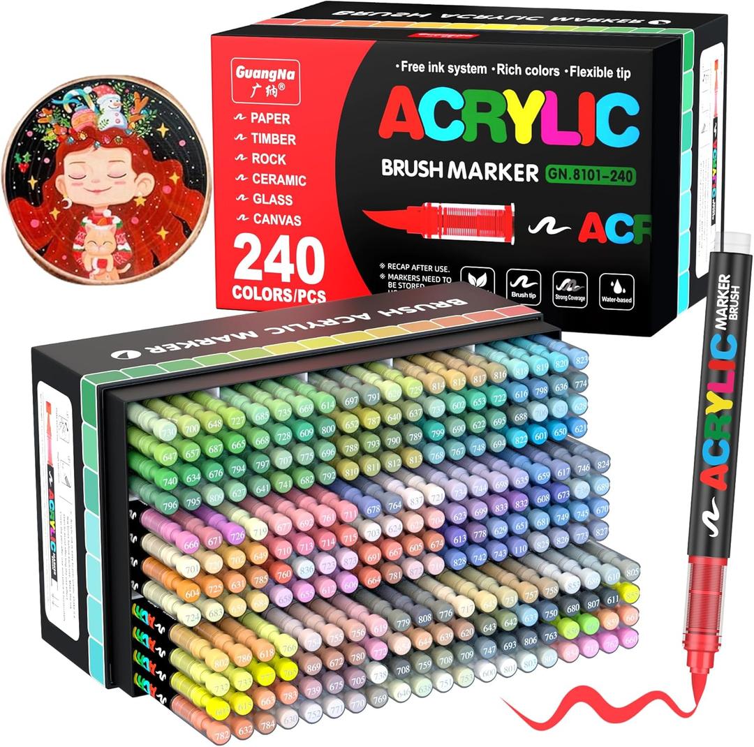 Amamao 240 Colors Acrylic Paint Markers, Soft Brush Tip Pens and Markers, Acrylic Paint Pens for Wood, Stone, Canvas, Glass, Fabric, Egg, Rock Painting and DIY Crafts Art Supplies