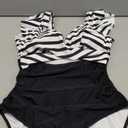 B2prity Women's One Piece Swimsuit Ruffle Cutout Bathing Suits Slimming Tummy Control V Neck Wrap Swimwear Black White Stripe, L