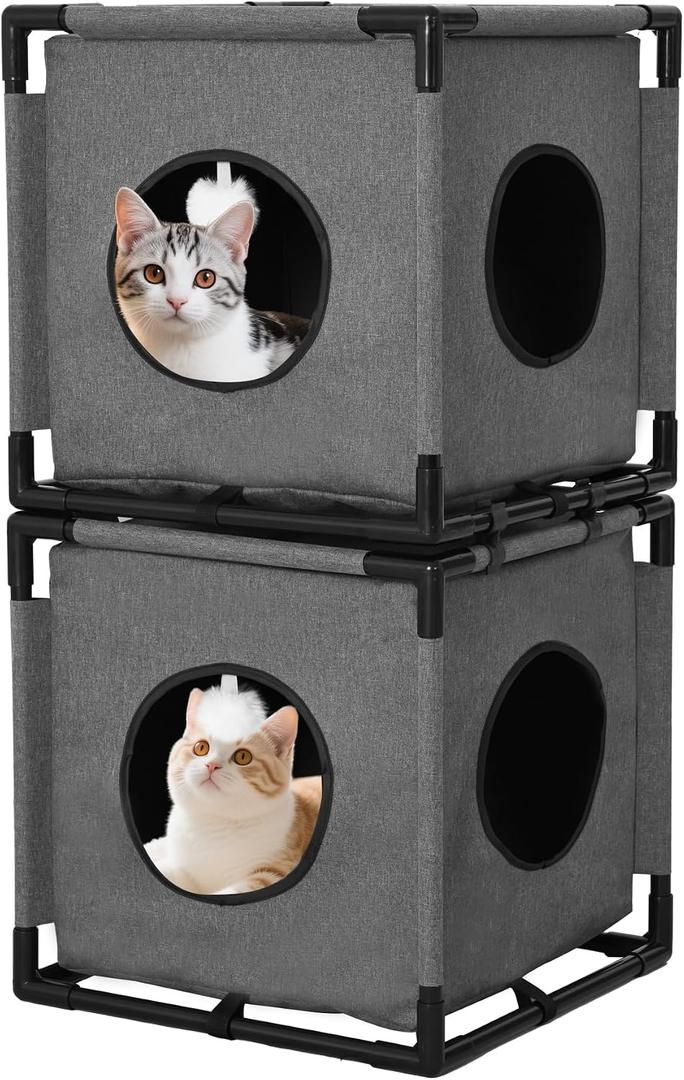 2-Story Cat House for Indoor Cats - Large Cat Cave Bed with Soft Velvet Pad and Fluffy BallStable and Easy to Assemble Kitty Fort, Muti-Functional Cat Condo Grey