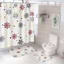 Rtteri 4 Pcs Christmas Shower Curtain Set with Non Slip Rug Toilet Lid Cover Bath Mat Christmas Bathroom Sets with 12 Pcs Hooks for Xmas Holiday Bathroom Decor, 72 x 72 Inch (Snowflake)