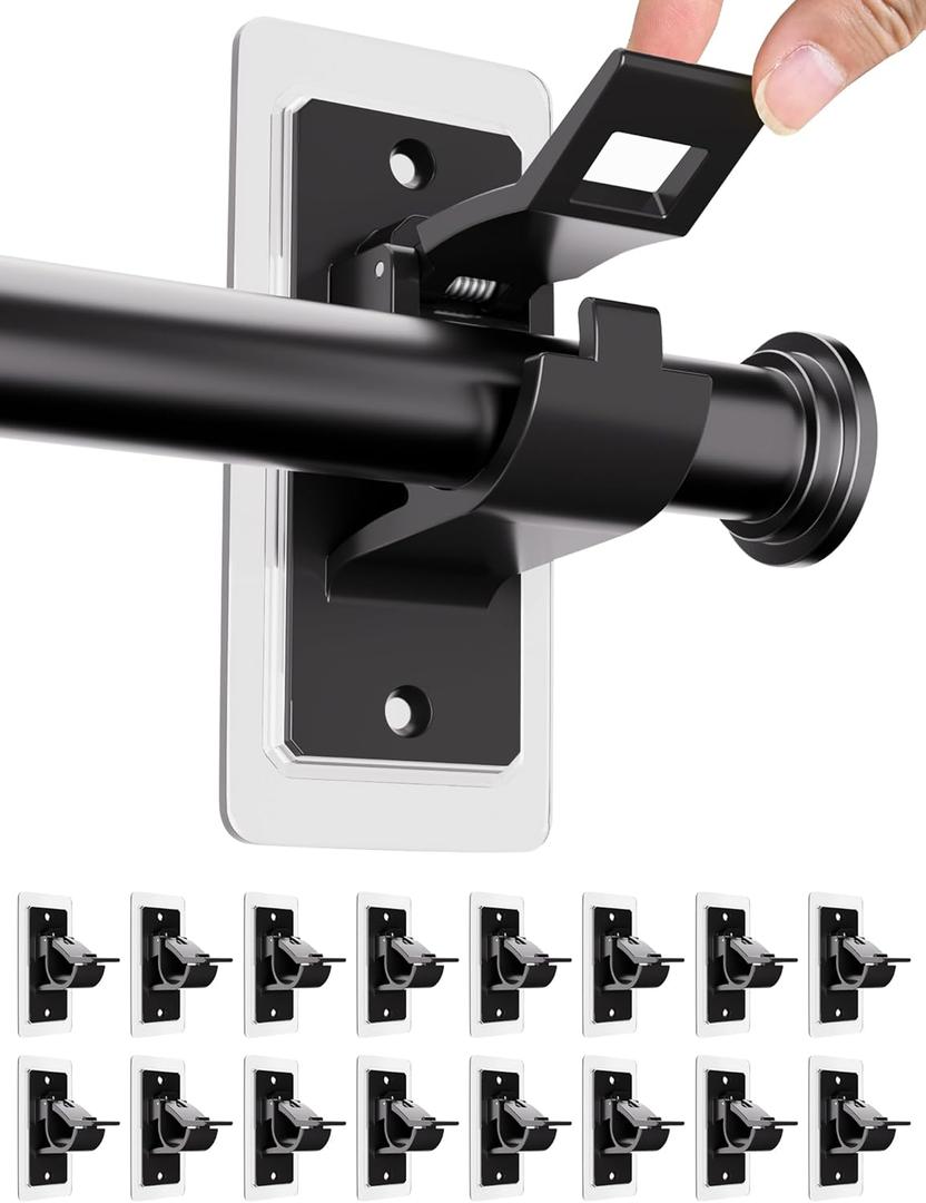 16PCS No Drill Curtain Rod Bracket, Self Adhesive Curtain Rod Holders, No Hole, Multipurpose Nail Free Curtain Rod Hooks for Bathroom Living Room Kitchen and Bedroom (Black)