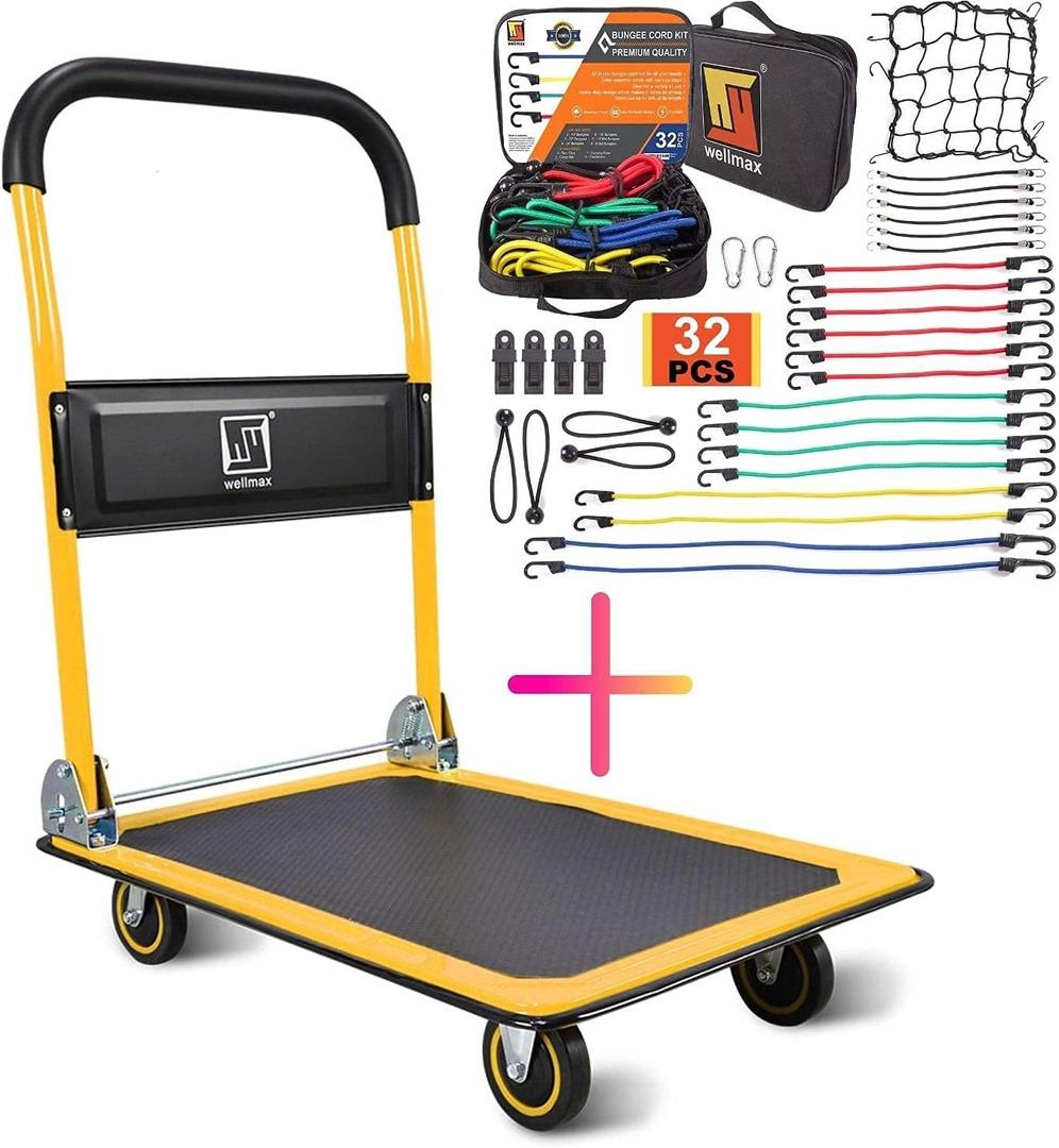 Push Cart Dolly by Wellmax, Moving Platform Hand Truck, Foldable for Easy Storage and 360 Degree Swivel Wheels with 330lb Weight Capacity, Yellow Color with Bungee Cord Set