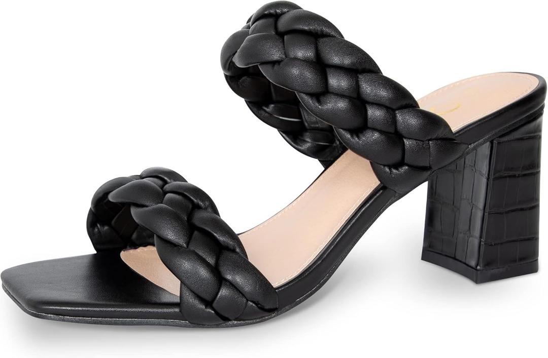 Athlefit Women's Braided Heeled Sandals Summer Square Open Toe Chunky Block Heels (7.5, Black)