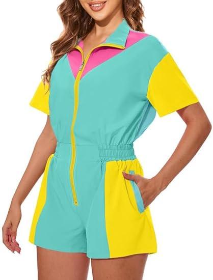 UOUA 80s Outfit Women 90s Jumpsuit Costume One-Piece Workout Track Suit Party Retro Clothing L