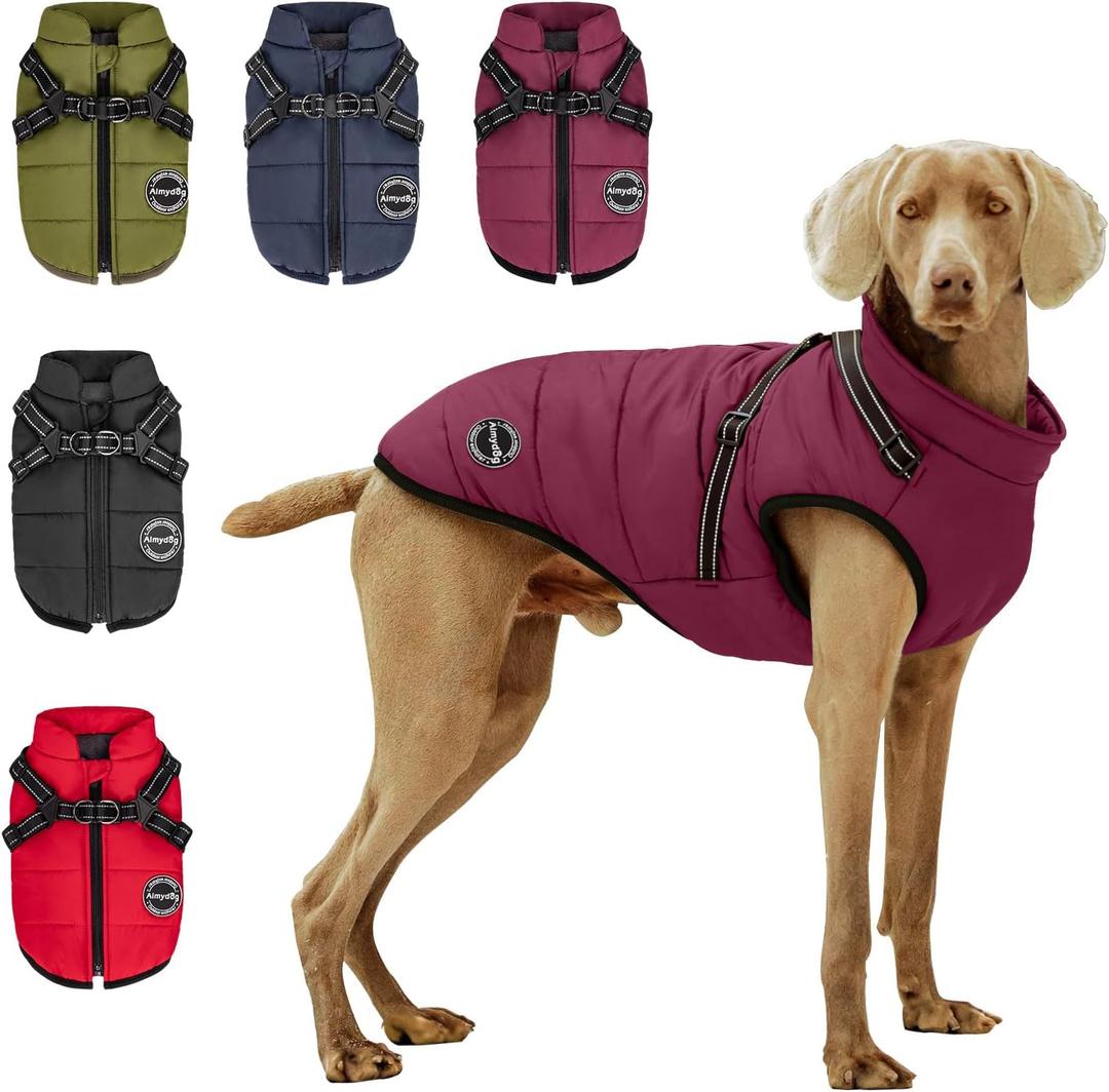 Warm Dog Winter Coat, Dog Cold Weather Jacket with Built-in Harness, Reflective & Adjustable Comfortable Pet Vest, Windproof Apparel for Small Medium Large Dogs (Purple)