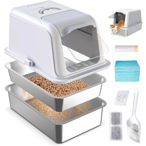 Stainless Steel Sifting Cat Litter Box with Lid, XL Fully Enclosed Multi-Purpose Metal Sifting Litter Box for Big Cats, Anti-Leakage, Easy Clean, Includes Scoop, Liner, Pee Pad, Carbon Filter and Hook