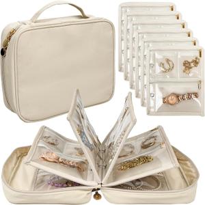 Travel Jewelry Organizer Case,Jewelry Bags Jewelry Storage Book Binder with Clear Zipper Velvet Pouch for Traveling,Earrings, Rings, Necklace, Bracelet (White) (Beige)