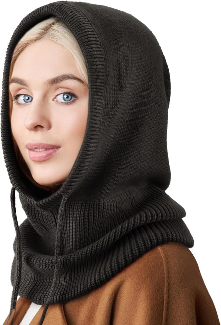 Hooded Scarf Hat Knit Balaclava Women Beanie Skull Cap with Drawstring Warm Winter Hats for Women Men Outdoor Sports