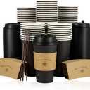LITOPAK 100 Pack 16 oz Paper Coffee Cups with Lids, Black Disposable Coffee Cups with Lids, Sleeves and Stirring Sticks, for Parties, Picnic, Travel, and Events