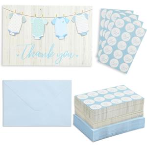 60 Pack Baby Shower Thank You Cards with Blue Envelopes for Boy - 4x6 Inch with Clothesline Design and Includes 60 Cute Stickers for Appreciation - Thank You Cards With Envelopes