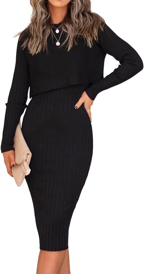 Ezbelle Women's Long Sleeve Sweater Dresses 2 Piece Outfits Sets Ribbed Knit Crop Tops and Tank Bodycon Midi Dress (Large, Black)