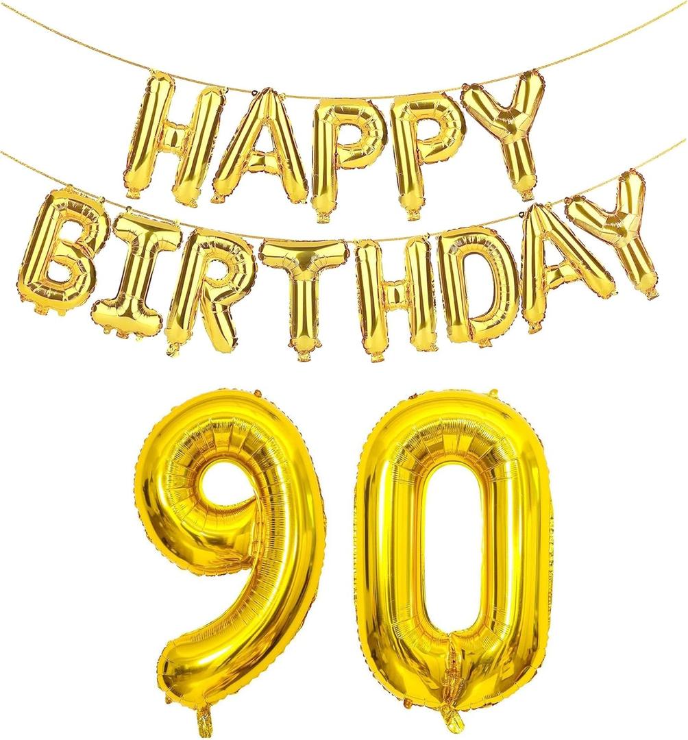 SHUNTAI 90th Birthday Decorations for Men Women 90 Balloon Number Gold Jumbo Numbers 90 Foil Mylar Balloons with Gold Letters Happy Birthday Balloon Banner 90 Years Old Theme Party Events Supplies