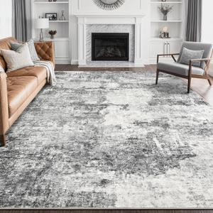 Living Room Area Rugs - 10x12 Washable Abstract Large Soft Indoor Rug Neutral Modern Low Pile Carpet for Bedroom Dining Room Farmhouse Home Office - Grey