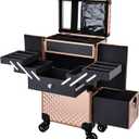 Adazzo Professional Makeup Artist Rolling Train Case Multi-functional Cosmetic Train Case Large Trolley Storage Case for Nail Technicians Cosmetology Case for Hairstylist Rose Gold