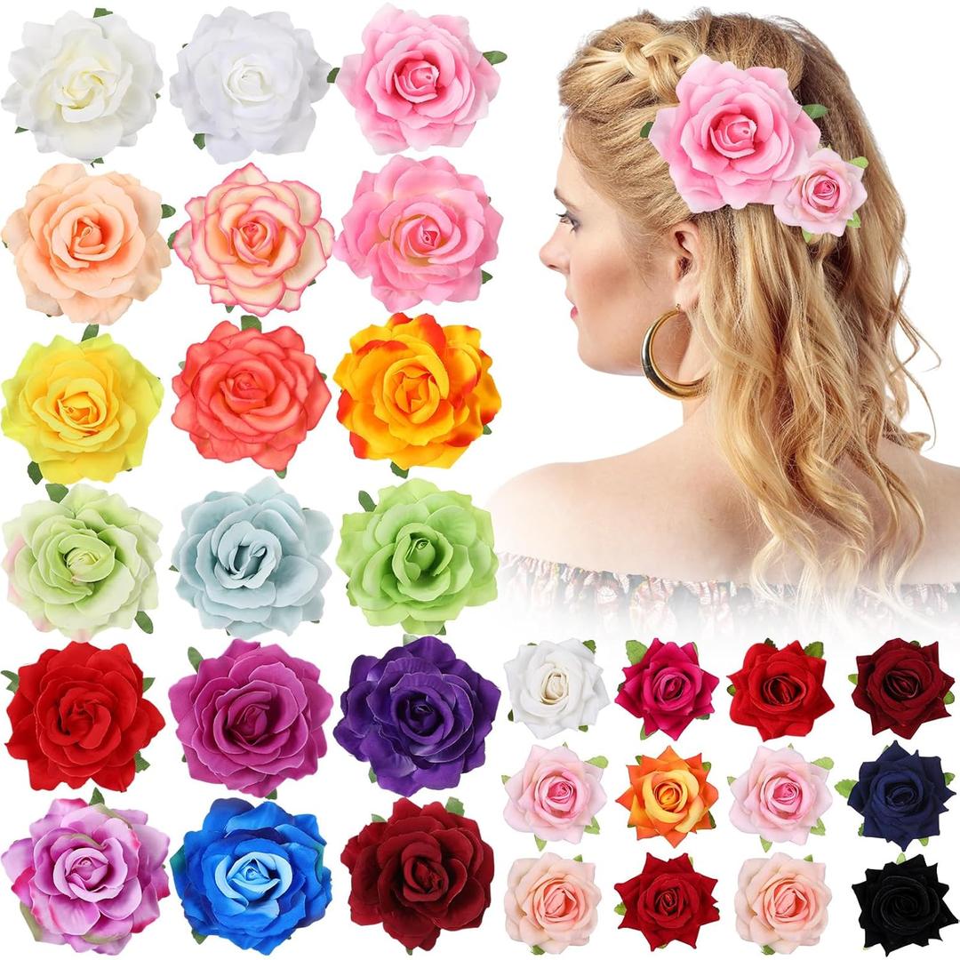 Waydress 30 Packs 2.8 Inch 4 Inch Flower Hair Clip Rose Hair Accessories Floral Hairpin Brooch Flowers Pin Brooch for Bridal Headpiece Accessories Wedding(30 Colors)